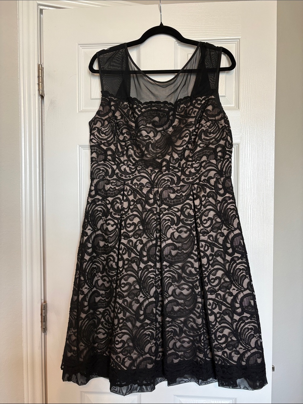 Eliza J Black Lace Overlay Midi Dress with Nude Underlay